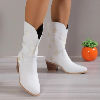 2023 Νέες γυναικείες κεντημένες δυτικές μπότες ψηλά στο γόνατο Cowboy Cowgirl Μπότες με χοντρό τακούνι Πλατφόρμα Γυναικεία παπούτσια Western