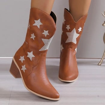 2023 Νέες γυναικείες κεντημένες δυτικές μπότες ψηλά στο γόνατο Cowboy Cowgirl Μπότες με χοντρό τακούνι Πλατφόρμα Γυναικεία παπούτσια Western