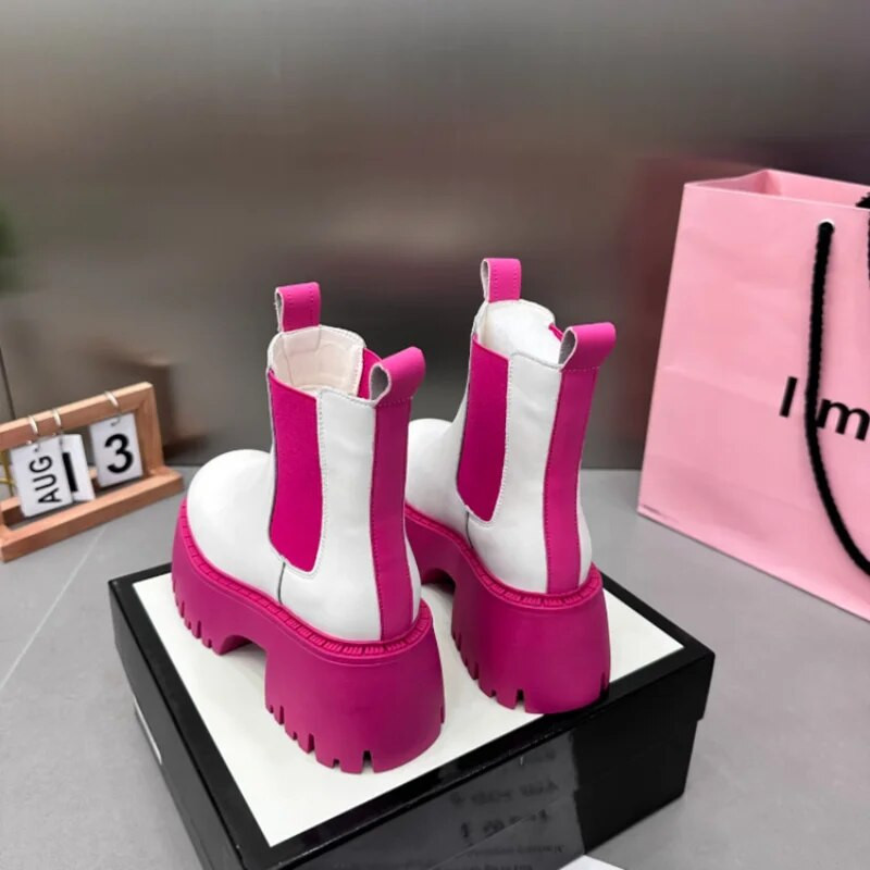 Iarna Design de lux Punk Gotic Street Pantofi de damă Verde Roz Talpă groasă Toc gros Botine Chelsea subțiri Cizme de modă