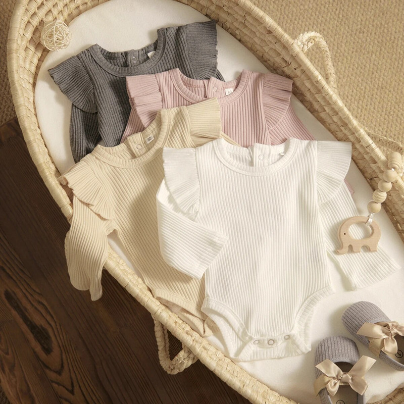 ma&baby 0-24M Άνοιξη Φθινόπωρο Νεογέννητο κοριτσάκι Romper Βρεφική πλεκτή φόρμα βολάν Μαλακό μακρυμάνικο μονόχρωμο ένδυμα