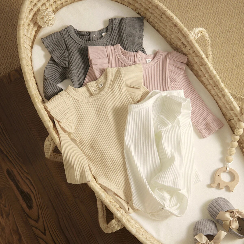 ma&baby 0-24M Άνοιξη Φθινόπωρο Νεογέννητο κοριτσάκι Romper Βρεφική πλεκτή φόρμα βολάν Μαλακό μακρυμάνικο μονόχρωμο ένδυμα