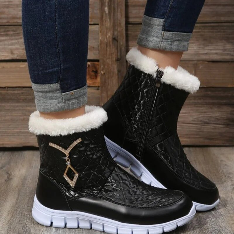 Γυναικείες μπότες και μποτάκια Μεταλλική διακόσμηση με φερμουάρ Λούτρινα μποτάκια χιονιού Χοντρή σόλα Χειμερινά ζεστά παπούτσια