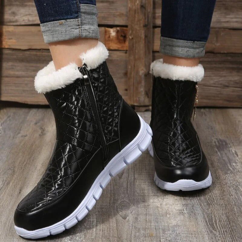Γυναικείες μπότες και μποτάκια Μεταλλική διακόσμηση με φερμουάρ Λούτρινα μποτάκια χιονιού Χοντρή σόλα Χειμερινά ζεστά παπούτσια
