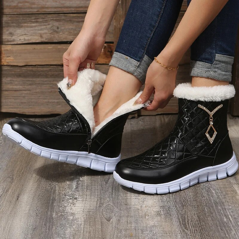 Γυναικείες μπότες και μποτάκια Μεταλλική διακόσμηση με φερμουάρ Λούτρινα μποτάκια χιονιού Χοντρή σόλα Χειμερινά ζεστά παπούτσια