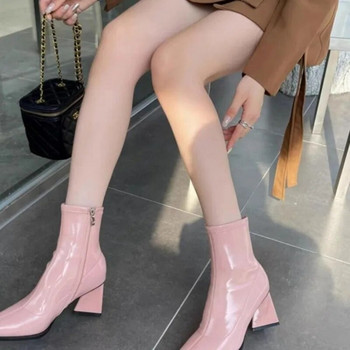 Γυναικεία μποτάκια με μυτερή μύτη Μαύρα λευκά ροζ κάλτσα Μποτάκια Χοντρά ψηλοτάκουνα Μόδα PU παπούτσια Γυναίκα Winter Botas Μέγεθος 35-40