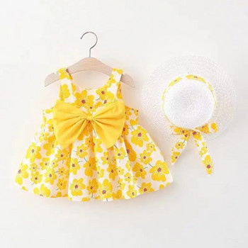 Марка Baby Girl Dress Princess 2023 Summer Infant Girl Clothing Vestido Infantil Рокли на цветя 0 1 2 3 години + комплекти шапки