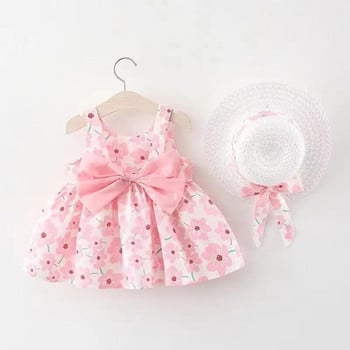 Марка Baby Girl Dress Princess 2023 Summer Infant Girl Clothing Vestido Infantil Рокли на цветя 0 1 2 3 години + комплекти шапки