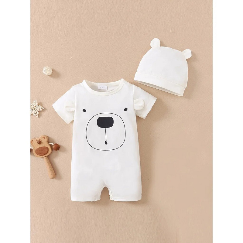 Kisfiú 0-18 hónapos pólós újszülött babaruházat aranyos mackó rövid ujjú body kalappal 2 DB nyári csecsemő baba fiú kombinét