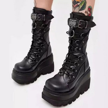 Γυναικεία παπούτσια Wedge Platform 2023 Φθινοπωρινά New Demonia Gothic Punk Mid Calf Μπότες για Γυναικείες Μαύρες Plus Size Γυναικείες μπότες Knight