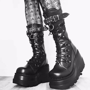 Дамски обувки с платформа на танкетка 2023 Есенни нови демонски готически пънк ботуши до средата на прасеца за жени Черни големи дамски рицарски ботуши