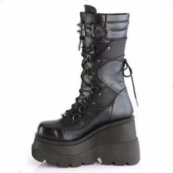 Γυναικεία παπούτσια Wedge Platform 2023 Φθινοπωρινά New Demonia Gothic Punk Mid Calf Μπότες για Γυναικείες Μαύρες Plus Size Γυναικείες μπότες Knight