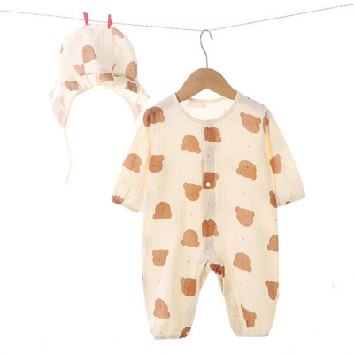 Desen animat ursuleț din muselină, costum de pălărie, costum de vară, toamnă, pentru bebeluși, haine pentru sugari, fete, haină din bumbac moale, salopetă respirabilă pentru băieți 0-3 t