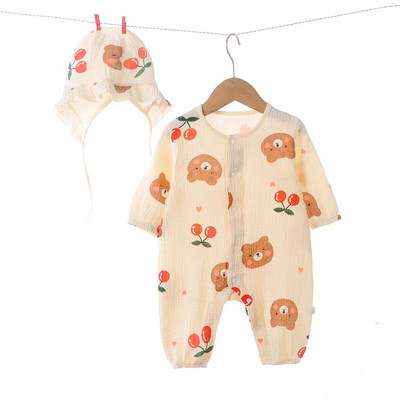 Desen animat ursuleț din muselină, costum de pălărie, costum de vară, toamnă, pentru bebeluși, haine pentru sugari, fete, haină din bumbac moale, salopetă respirabilă pentru băieți 0-3 t