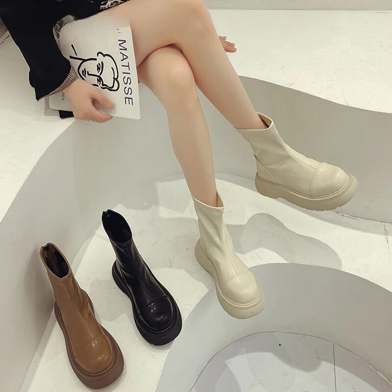 Punk stílusú, lapos, boka, női csizma, divatos, vastag alsó, gótikus 2023-as új női csizmák, cipők, új, közepes hosszúságú csizmák