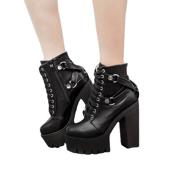 Γυναικείες μπότες με ψηλοτάκουνα πλατφόρμα Goth με κορδόνια με φερμουάρ στο πλάι, αντιολισθητικά μποτάκια πανκ κοντές μπότες μοτοσυκλέτας