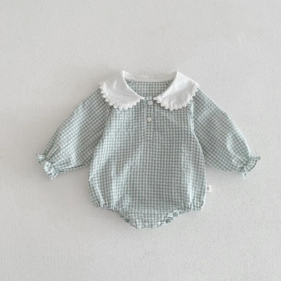 Valmisvaru vastsündinu kombinesoon beebitüdrukutele Peter Pan krae pingutusnöör pikkade varrukatega elegantne tšekk 0-2 a.