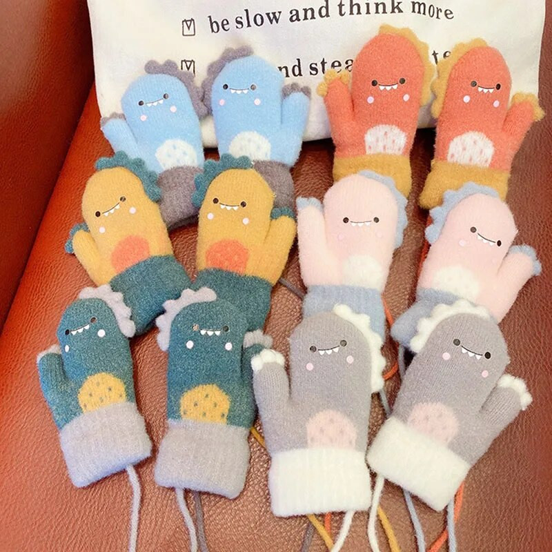 1 pereche de mănuși pentru bebeluși de dinozaur, calde, toamnă, iarnă, copii, fată, băiat, cu degete pline, tricotate groase, în aer liber, mănuși pentru copii mici