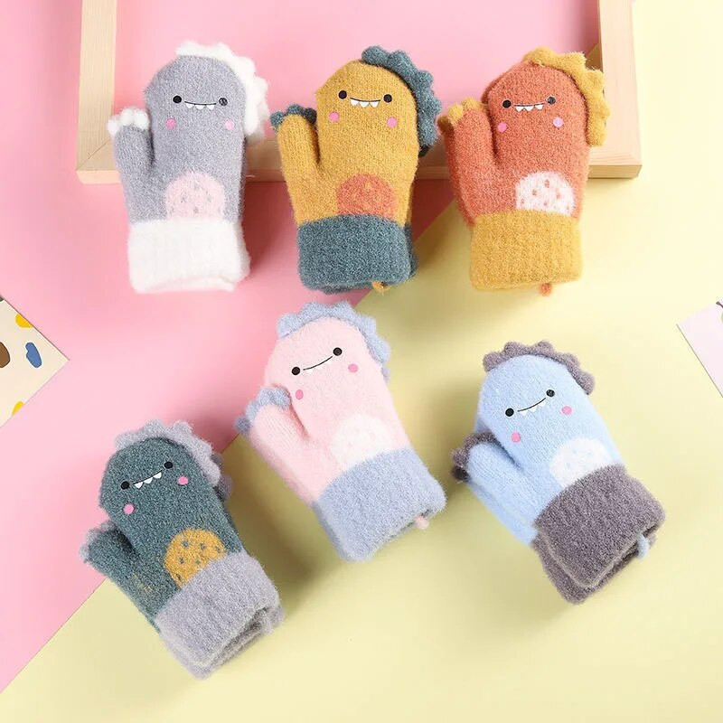 1 pereche de mănuși pentru bebeluși de dinozaur, calde, toamnă, iarnă, copii, fată, băiat, cu degete pline, tricotate groase, în aer liber, mănuși pentru copii mici