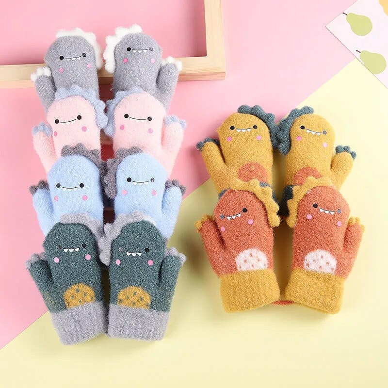 1 pereche de mănuși pentru bebeluși de dinozaur, calde, toamnă, iarnă, copii, fată, băiat, cu degete pline, tricotate groase, în aer liber, mănuși pentru copii mici
