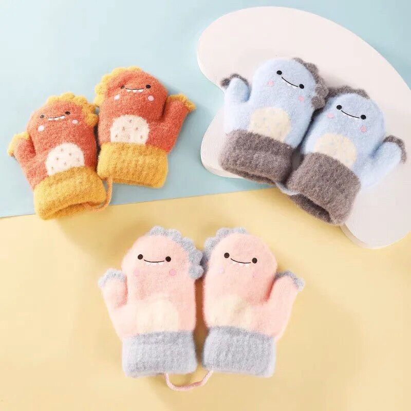 1 pereche de mănuși pentru bebeluși de dinozaur, calde, toamnă, iarnă, copii, fată, băiat, cu degete pline, tricotate groase, în aer liber, mănuși pentru copii mici