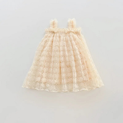 Καλοκαιρινά χαριτωμένα βρεφικά ρούχα μονόχρωμα Τρισδιάστατα τριαντάφυλλα λουλούδια με πλέγμα Βρεφικό φόρεμα Banque Princess Ρούχα για κορίτσια