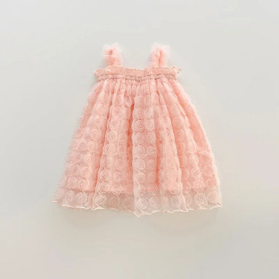 Καλοκαιρινά χαριτωμένα βρεφικά ρούχα μονόχρωμα Τρισδιάστατα τριαντάφυλλα λουλούδια με πλέγμα Βρεφικό φόρεμα Banque Princess Ρούχα για κορίτσια