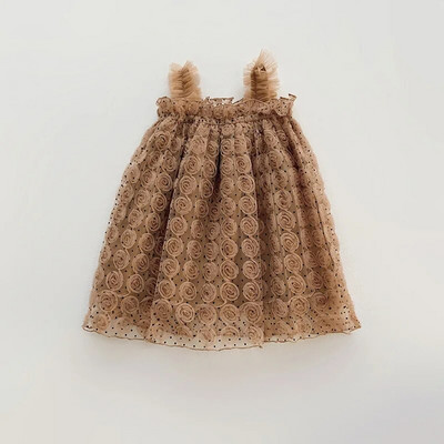 Καλοκαιρινά χαριτωμένα βρεφικά ρούχα μονόχρωμα Τρισδιάστατα τριαντάφυλλα λουλούδια με πλέγμα Βρεφικό φόρεμα Banque Princess Ρούχα για κορίτσια