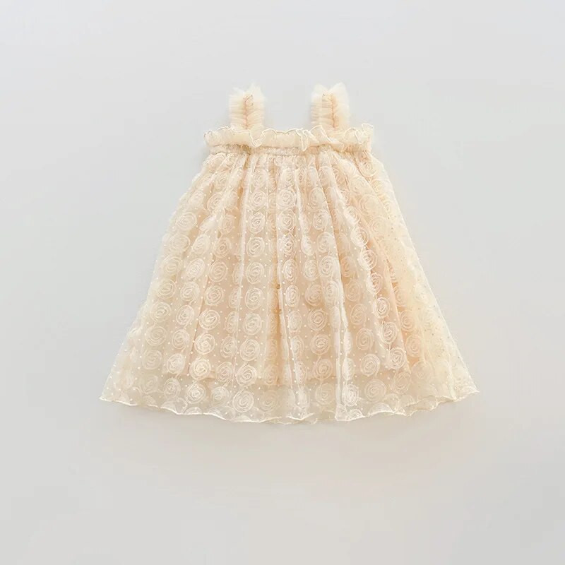 Καλοκαιρινά χαριτωμένα βρεφικά ρούχα μονόχρωμα Τρισδιάστατα τριαντάφυλλα λουλούδια με πλέγμα Βρεφικό φόρεμα Banque Princess Ρούχα για κορίτσια