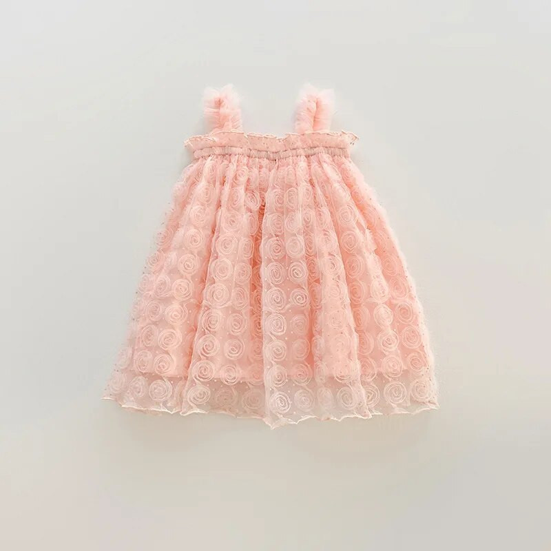 Καλοκαιρινά χαριτωμένα βρεφικά ρούχα μονόχρωμα Τρισδιάστατα τριαντάφυλλα λουλούδια με πλέγμα Βρεφικό φόρεμα Banque Princess Ρούχα για κορίτσια