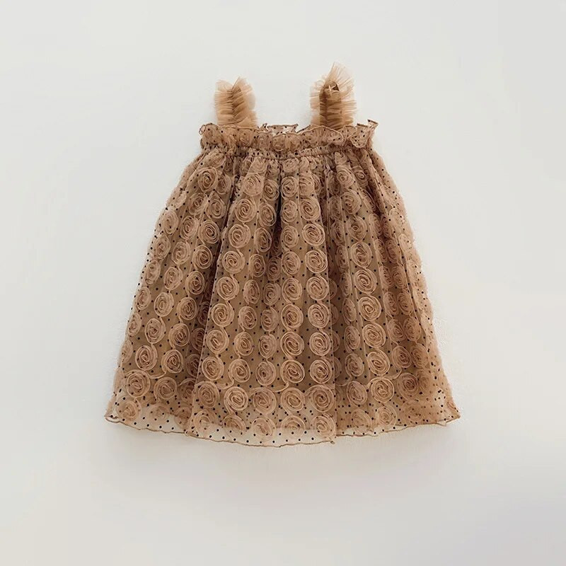 Καλοκαιρινά χαριτωμένα βρεφικά ρούχα μονόχρωμα Τρισδιάστατα τριαντάφυλλα λουλούδια με πλέγμα Βρεφικό φόρεμα Banque Princess Ρούχα για κορίτσια