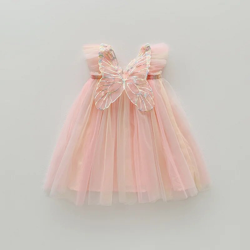 Καλοκαιρινά νέα ρούχα για κορίτσια Γλυκά ιπτάμενα μανίκια ουράνιο τόξο στερεοσκοπικά φτερά δικτυωτό φορέματα για κορίτσια Χαριτωμένα βρεφικά ρούχα πριγκίπισσας