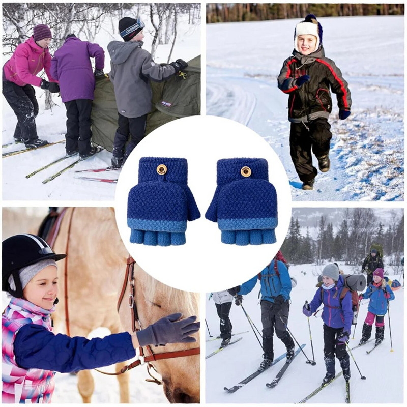 BalleenShiny Copii Copii Mănuși de iarnă pentru copii Mănuși tricotate Mănuși cu jumătate de deget Flip Băieți Fete Mănuși pentru copii în aer liber Mănuși de șofat calde