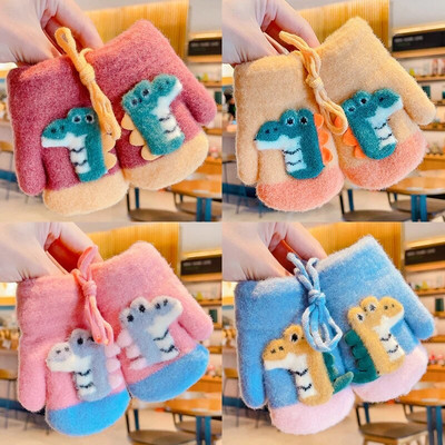 2023 New Children Winter Cartoon Dinosaur Lanyard Thickened Finger Cot Gloves Cute Soft Outdoor Αντιανεμικό Ζεστό Γάντια Παιδικά Γάντια