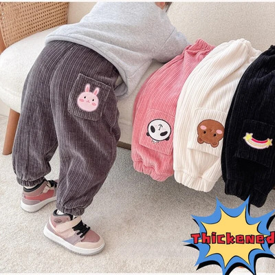 Babanadrágok 2023, tél, új gyerekek fiúknak és lányoknak, egyszínű, meleg bélésű, hétköznapi leggings, zsebes rajzfilmmintás nadrág