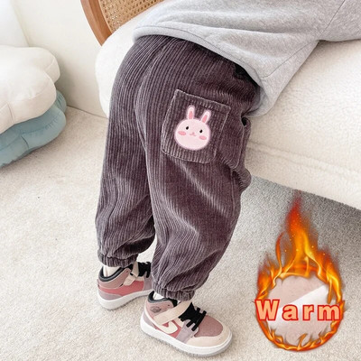 Pantaloni pentru bebeluși, iarna 2023, noi copii, băieți și fete, culoare uni, căptușiți, calduri, leggings casual, pantaloni cu model de desene animate de buzunar