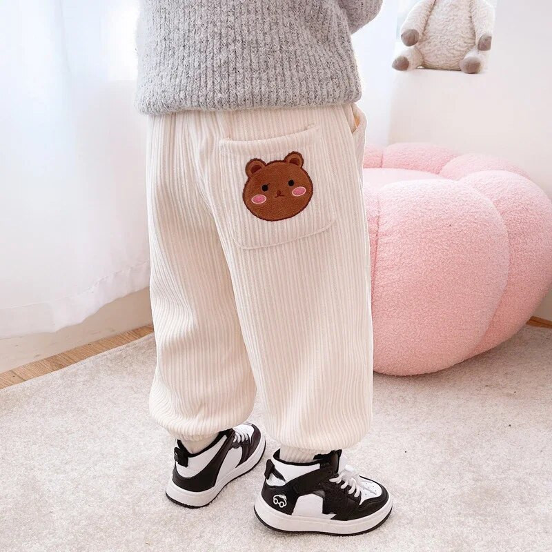 Pantaloni pentru bebeluși, iarna 2023, noi copii, băieți și fete, culoare uni, căptușiți, calduri, leggings casual, pantaloni cu model de desene animate de buzunar