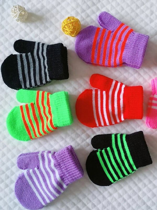 1-5Y talvised kootud beebikindad soojad villased lapsed tüdrukute kindad triibulised lapsed heegeldatud täissõrmega kindad väikelaste labakindad