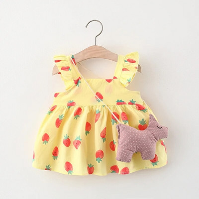 Νεογέννητο 2023 Καλοκαιρινό μωρό φόρεμα πριγκίπισσας Χαριτωμένο φιόγκο τύπωμα λεμόνι Αμάνικα φορέματα για μικρά κορίτσια Ρούχα για μικρά κορίτσια Βρεφικά ρούχα