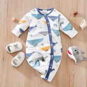 Άνοιξη και φθινόπωρο, αγόρια και κορίτσια, χαριτωμένο καρτούν φάλαινα με πλήρη εκτύπωση Βαμβακερό άνετο μακρυμάνικο κορμάκι για μωρά