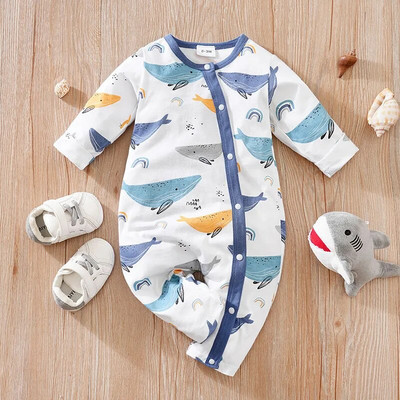 Άνοιξη και φθινόπωρο, αγόρια και κορίτσια, χαριτωμένο καρτούν φάλαινα με πλήρη εκτύπωση Βαμβακερό άνετο μακρυμάνικο κορμάκι για μωρά