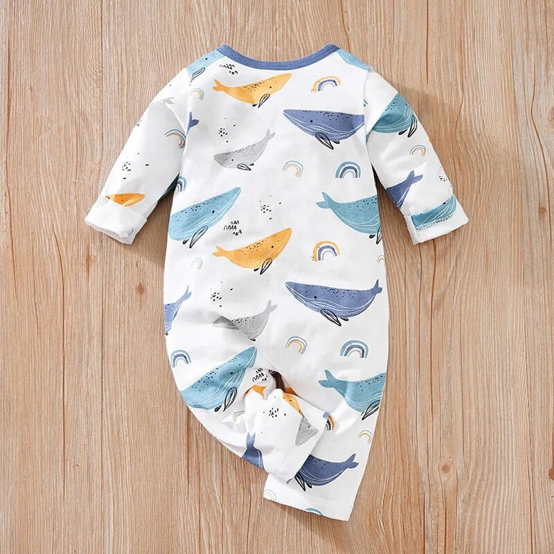 Άνοιξη και φθινόπωρο, αγόρια και κορίτσια, χαριτωμένο καρτούν φάλαινα με πλήρη εκτύπωση Βαμβακερό άνετο μακρυμάνικο κορμάκι για μωρά