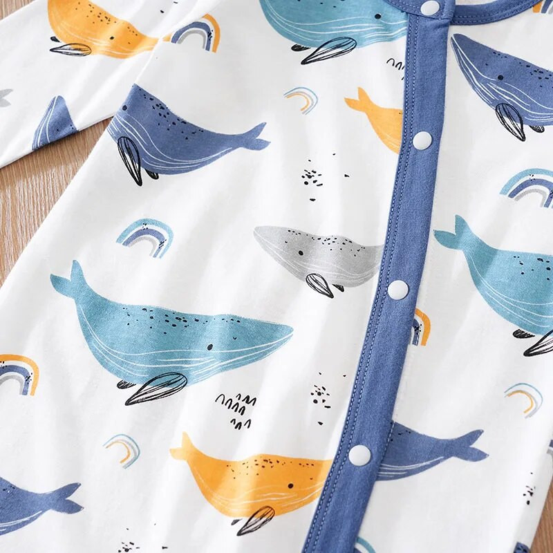 Άνοιξη και φθινόπωρο, αγόρια και κορίτσια, χαριτωμένο καρτούν φάλαινα με πλήρη εκτύπωση Βαμβακερό άνετο μακρυμάνικο κορμάκι για μωρά