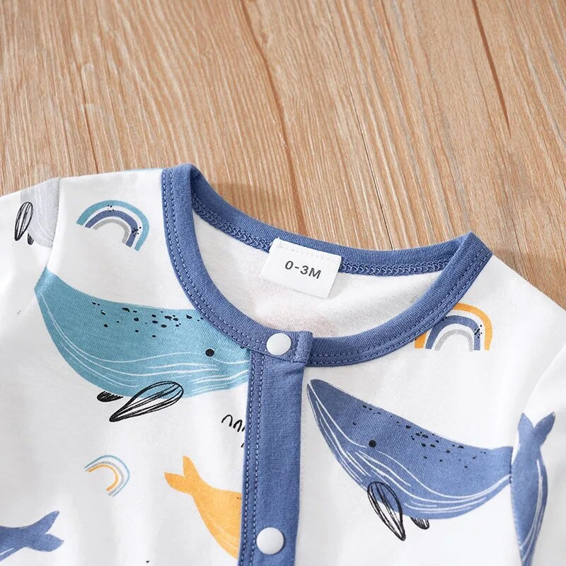 Άνοιξη και φθινόπωρο, αγόρια και κορίτσια, χαριτωμένο καρτούν φάλαινα με πλήρη εκτύπωση Βαμβακερό άνετο μακρυμάνικο κορμάκι για μωρά
