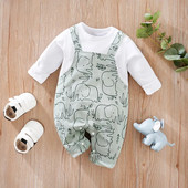 Baby Spring and Autumn Cute Little Elephant Full Print Μακρυμάνικο παντελόνι Βαμβακερό κορμάκι με λουράκι