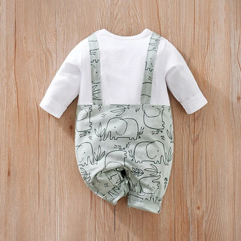 Baby Spring and Autumn Cute Little Elephant Full Print Μακρυμάνικο παντελόνι Βαμβακερό κορμάκι με λουράκι