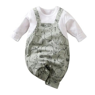 Baby Spring and Autumn Cute Little Elephant Full Print Μακρυμάνικο παντελόνι Βαμβακερό κορμάκι με λουράκι