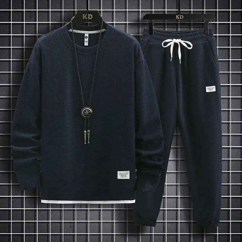 Σετ ανδρικά κοστούμια βάφλα casual μακρυμάνικα φούτερ και παντελόνι για αθλητικά Ανδρικό μπλουζάκι Hoodie Casual παντελόνι Loose Fit