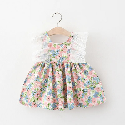 Καλοκαιρινό μωρό κοριτσάκι αμάνικο φόρεμα με βολάν με φλοράλ βαμβακερό κοντό μανίκι Νεογέννητα παιδικά φορέματα Ρούχα