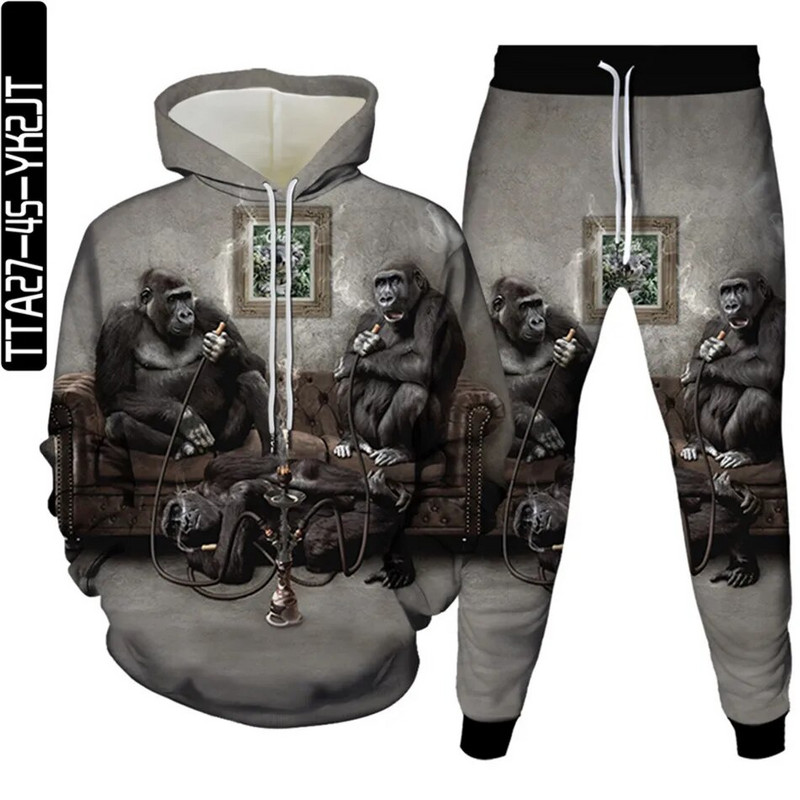 Ανδρικά φθινοπωρινά φούτερ + παντελόνια σετ Animal Panda Monkey Cartoon αθλητικό κοστούμι Γυναικείες φόρμες Ρούχα Casual πουλόβερ με κουκούλα + παντελόνι