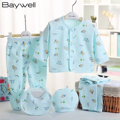 Baywell 5PCS Βρεφικά νεογέννητα ρούχα Unisex 0-3 μηνών Βρεφική Άνοιξη Φθινόπωρο Εκτύπωση Σετ ρούχων με κινούμενα σχέδια Μπλούζες Παντελόνια Καπέλο Σαλιάρες